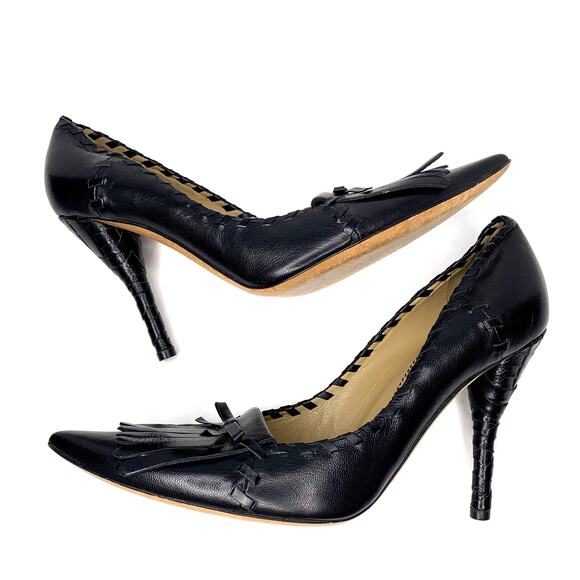 YSL rive gauche line black leather pointy pumps bow accent women's size 37.5 - Picture 5 of 9